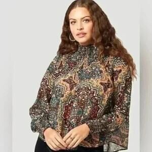 Wrangler Boho Floral Paisley Blouse – High Neck Balloon Sleeve Festival Top – S